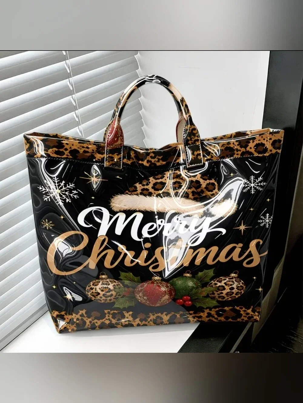 Holiday PVC Merry Christmas Large Daily Commute Tote Bag Semi-Gloss